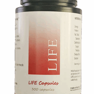 LIFE health supplement jar with 300 capsules