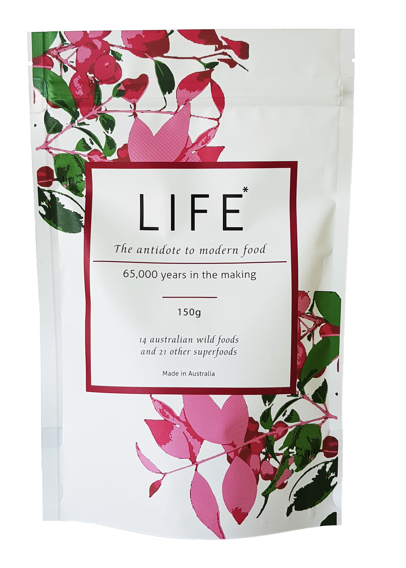 Single sachet of LIFE health supplement with updated packaging