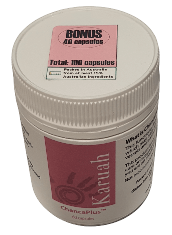 ChancaPlus Herb tea capsules Bonus 40 ChancaPlus Herbal Tea Capsules bottle with Bonus 40% label