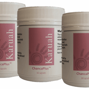 Three-pack of ChancaPlus Herbal Tea Capsules with green labels