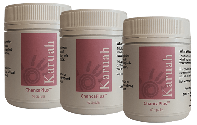 Three-pack of ChancaPlus Herbal Tea Capsules with green labels